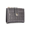 A dark gray leather square folding wallet with gold hardware and embossed initials.
