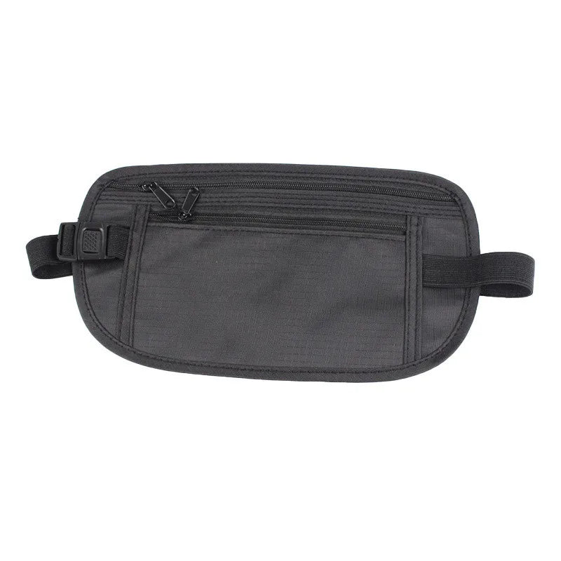 A black invisible waist pack designed for travel and security.