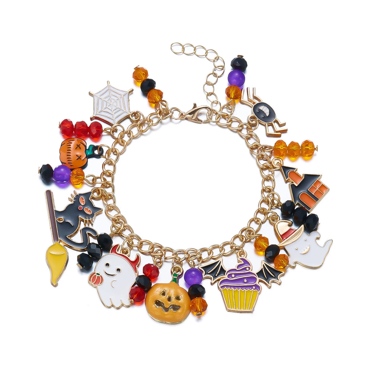 A gold charm bracelet featuring Halloween-themed charms including a pumpkin, ghost, and other spooky elements.