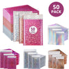 A stack of 50 pink holographic bubble mailers with self-seal closures in various shades and thicknesses.