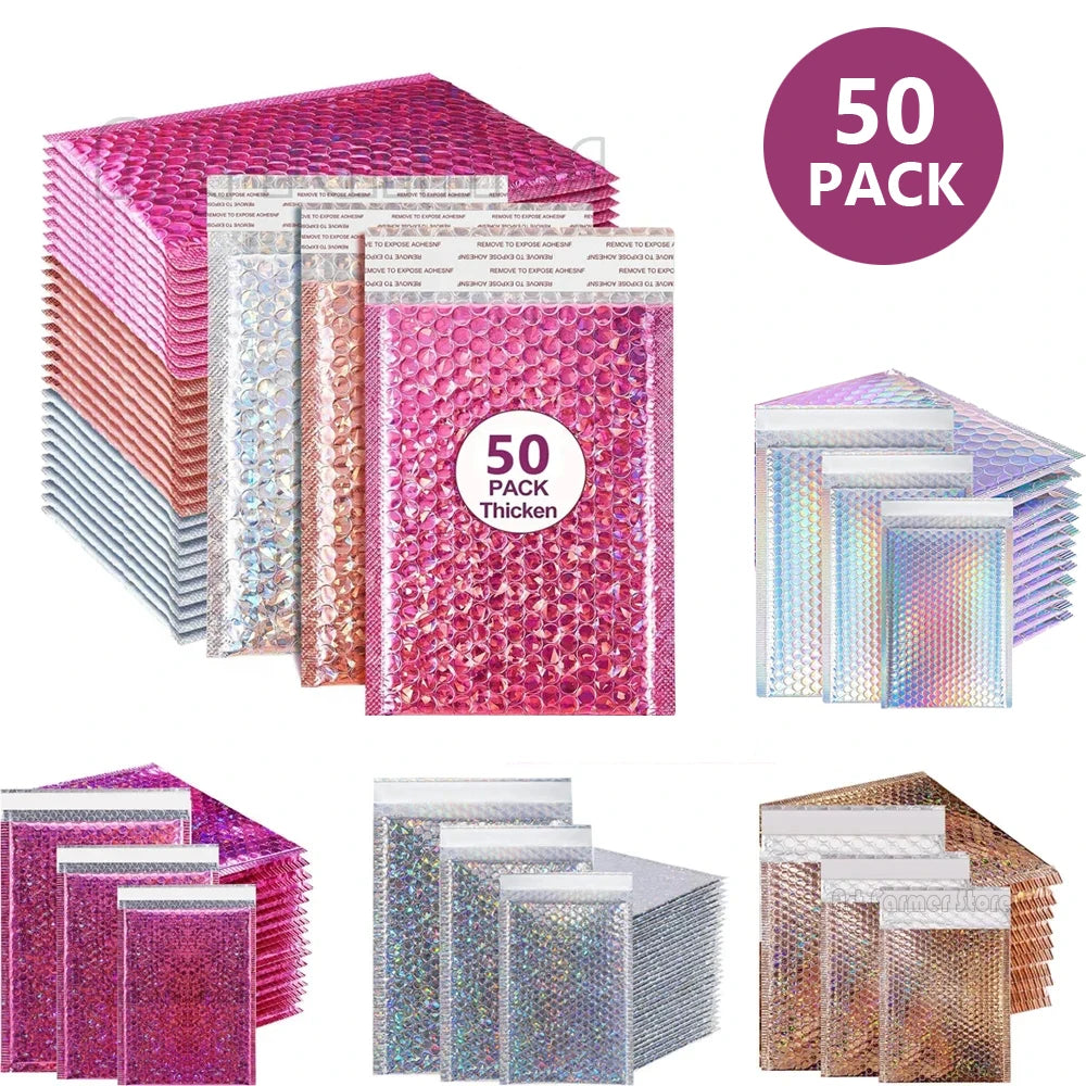 A stack of 50 pink holographic bubble mailers with self-seal closures in various shades and thicknesses.