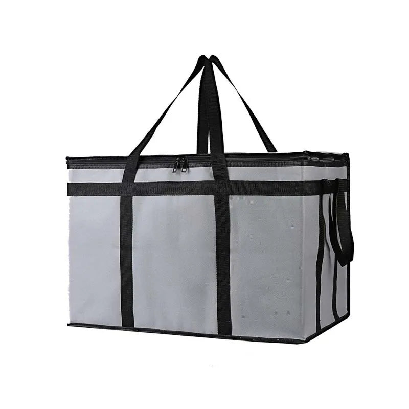 A reusable insulated warming bag set with a gray fabric bag and black straps.