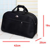 Black PU leather travel duffel bag shown from the side with dimensions 42cm long and 16cm high.