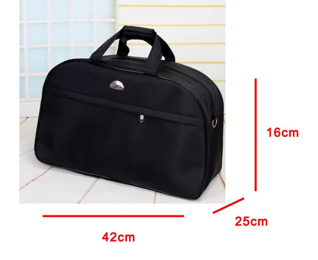 Black PU leather travel duffel bag shown from the side with dimensions 42cm long and 16cm high.