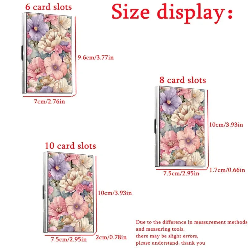 Display of a floral design metal card holder in three sizes: 6, 8, and 10 card slots.