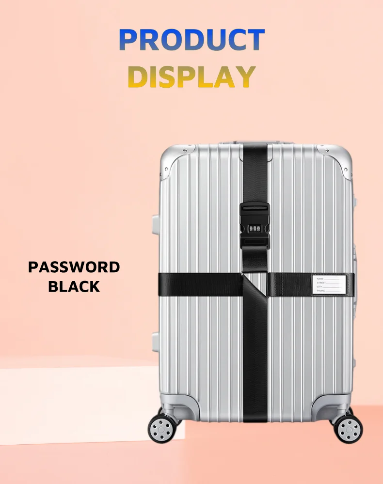 A silver-colored piece of luggage with a black cross strap and bundling belt displayed against a light pink background.