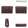 Pochette en cuir véritable brun foncé de style rétro décontracté, vue sous plusieurs angles.