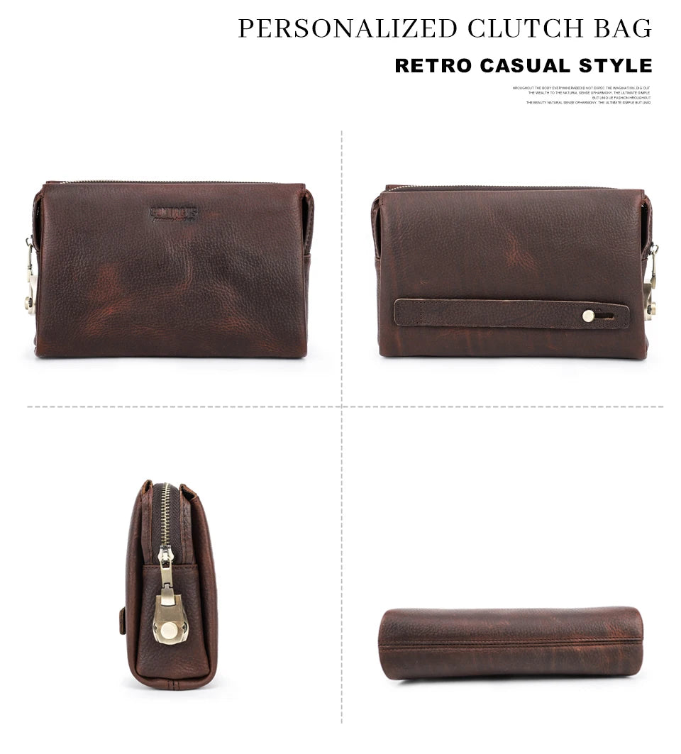 Pochette en cuir véritable brun foncé de style rétro décontracté, vue sous plusieurs angles.