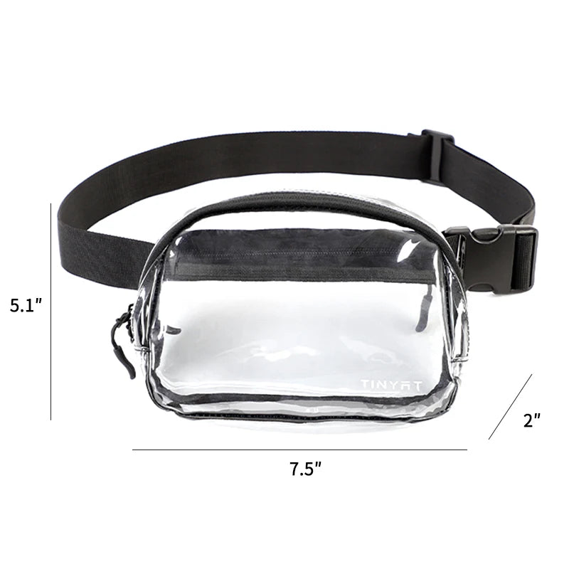 Clear PVC waist bag with a black adjustable strap shown flat against a white background.