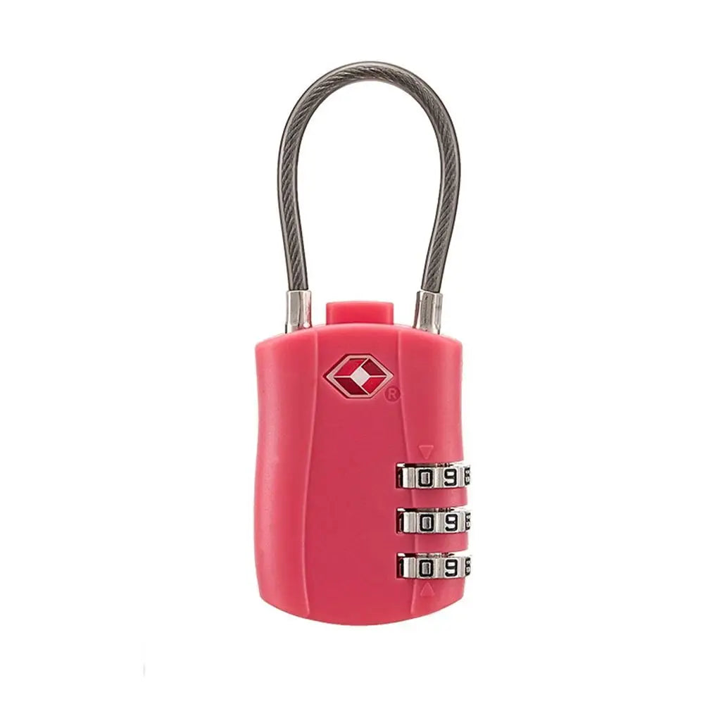 A pink TSA-approved 3-dial combination cable lock with a silver handle and body.