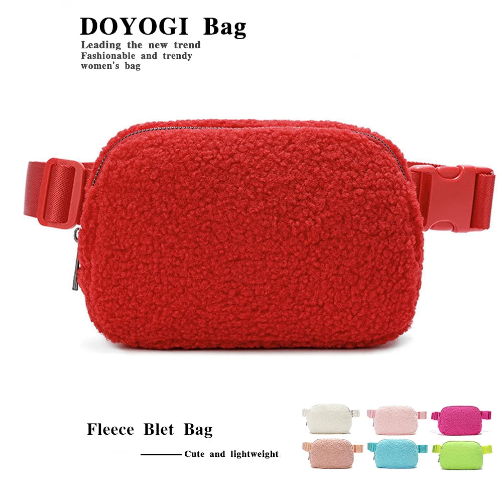 A red fleece bag with a strap is shown next to several color variations of the same type of bag.
