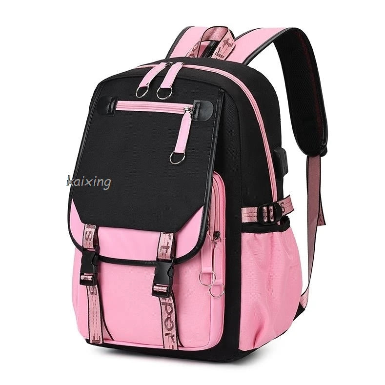 A pink and black canvas backpack with a strap and zippered pocket.
