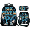 A black backpack set featuring the text SIX SEVEN on the front and side, with a separate pouch.