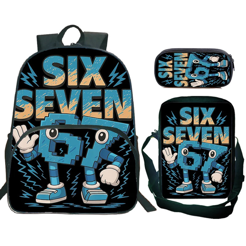 A black backpack set featuring the text SIX SEVEN on the front and side, with a separate pouch.