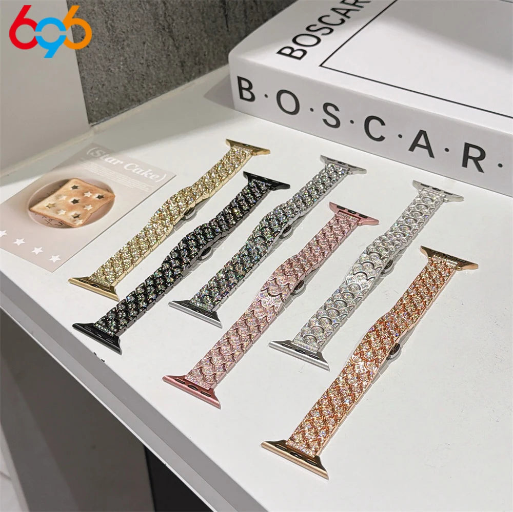 A collection of sparkling metal watch bands featuring various finishes including gold, silver, black, and rose gold tones.