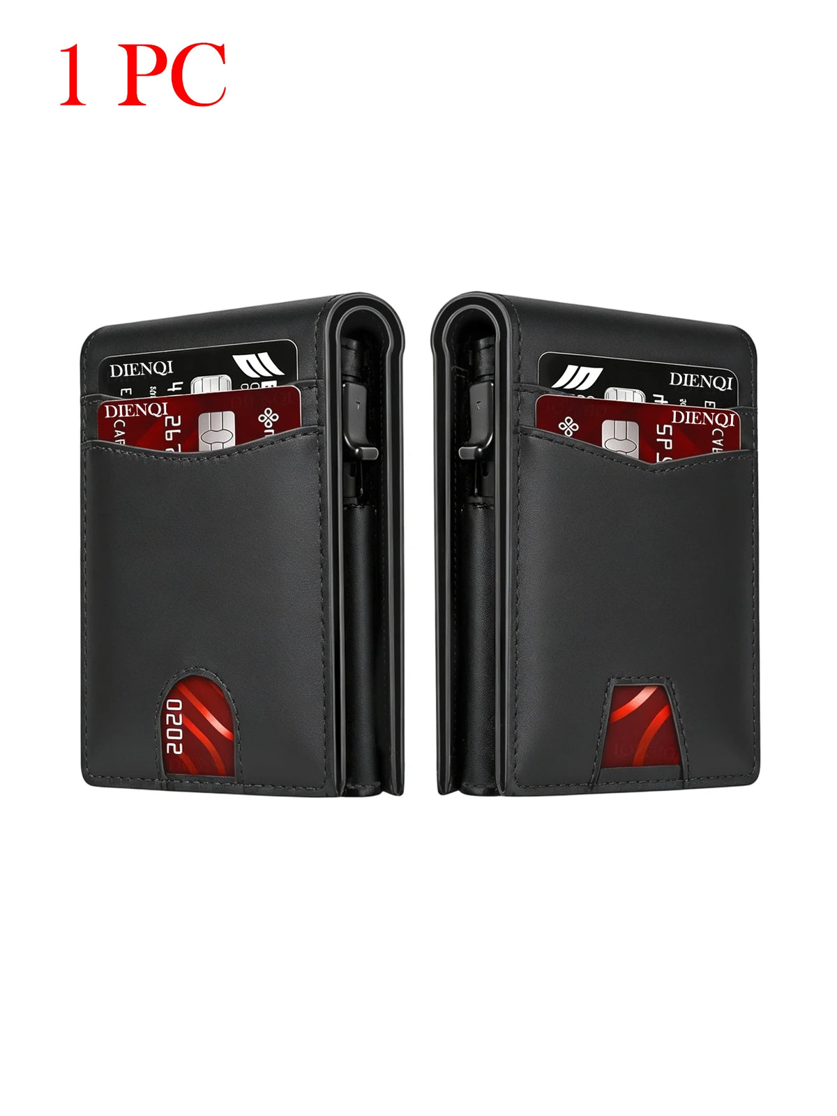 A black slim RFID blocking credit card holder wallet shown from the front.
