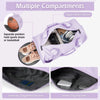 Purple waterproof travel duffel bag featuring a zipper main pocket, separate shoe compartment, interior zippered pocket, and 