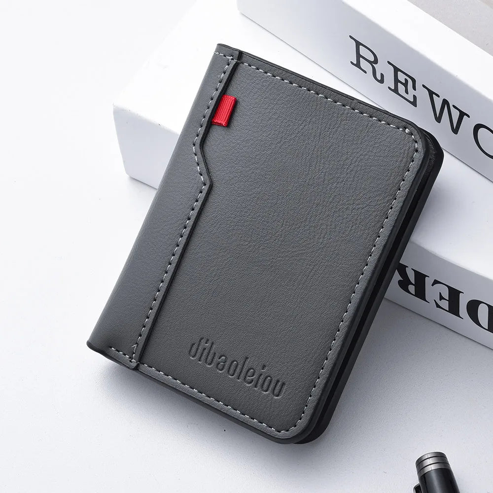 A dark gray ultra-thin PU leather credit card wallet is shown on a white background.