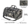 A camouflage travel duffel bag with padded straps and organized storage compartments.