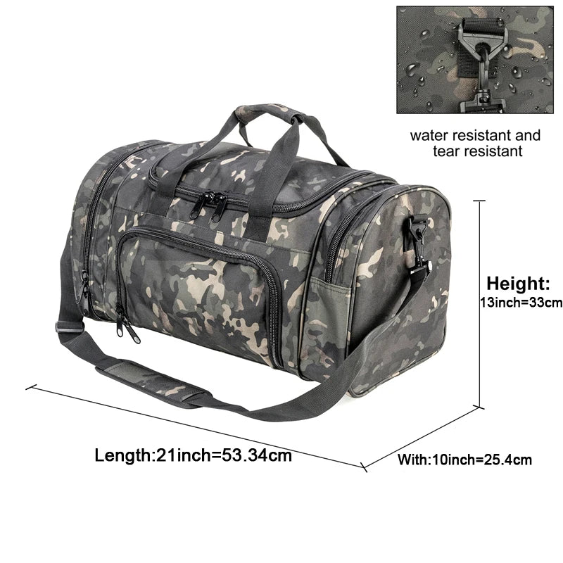 A camouflage travel duffel bag with padded straps and organized storage compartments.