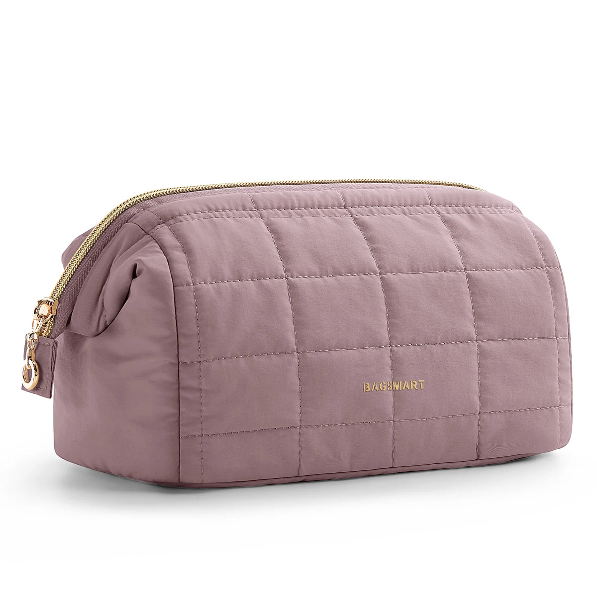 A mauve padded makeup bag with a gold zipper and wide-open design.