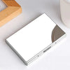 A silver stainless steel card holder with a protective cover is shown on a white surface.