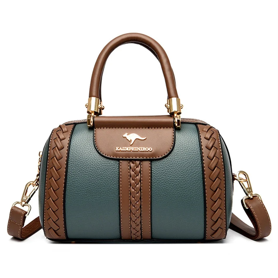 A brown leather shoulder crossbody bag with a woven texture and gold hardware.