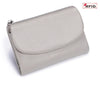 A light gray genuine leather mini card holder wallet with a zipper closure.