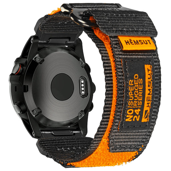 A black and orange nylon sport strap for a watch, featuring the brand HEMSUT.