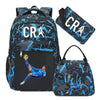 A black and blue sports laptop backpack with a separate rain cover featuring the initials CRA.