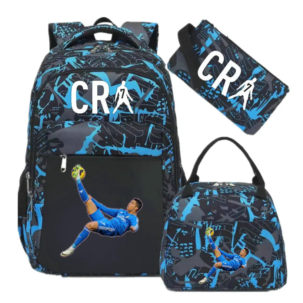 A black and blue sports laptop backpack with a separate rain cover featuring the initials CRA.