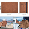 A brown PU leather passport holder wallet shown in various views, including a full layout and close-ups.