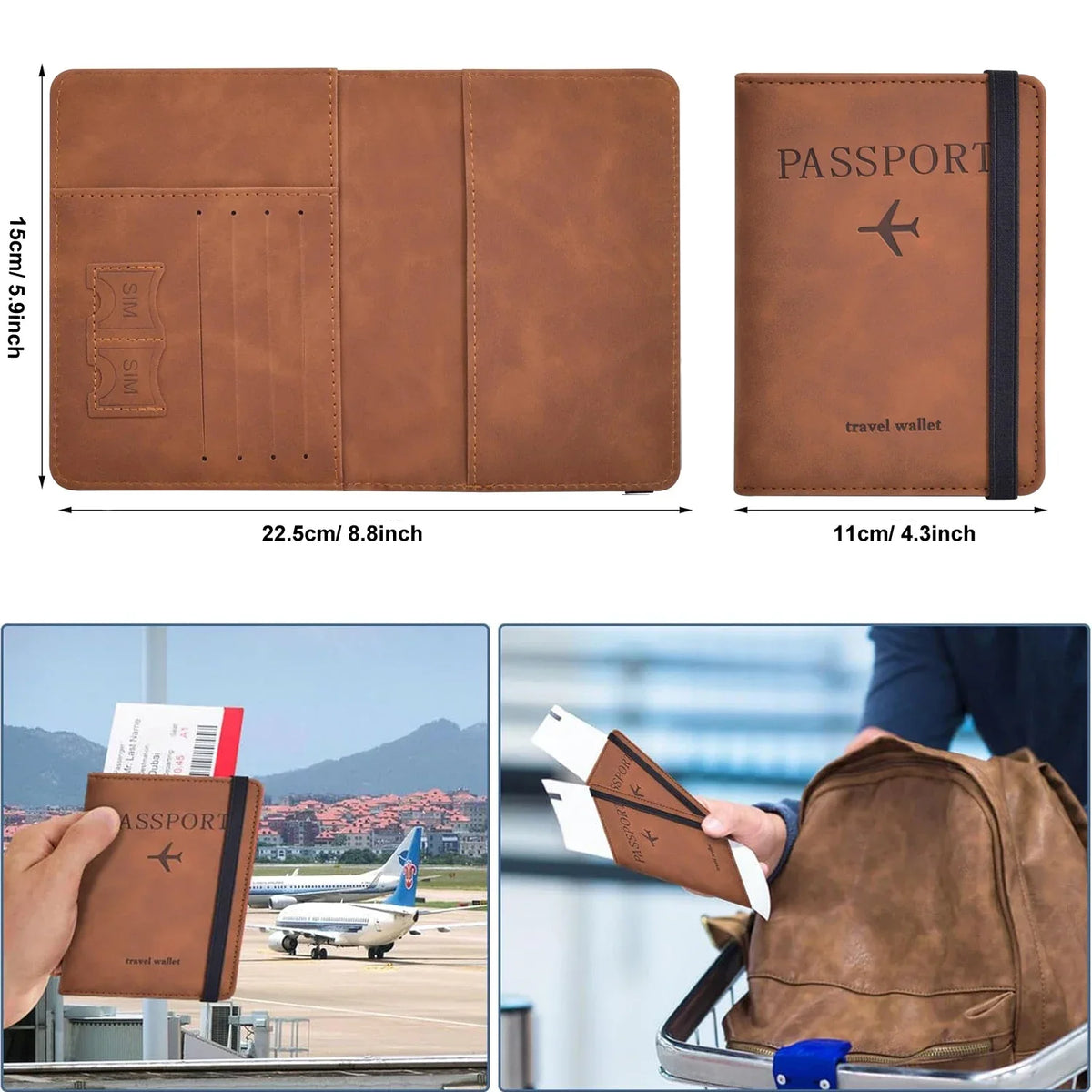 A brown PU leather passport holder wallet shown in various views, including a full layout and close-ups.