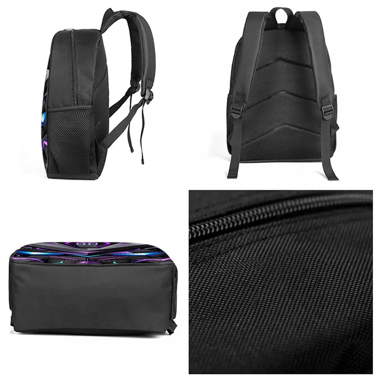 Black cartoon mechanical robot school backpack set shown in multiple views