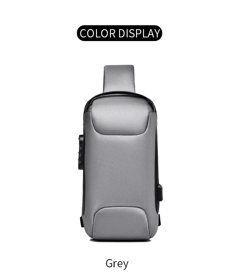 Graue Designer Anti-Diebstahl-Crossbody-Slingbag vor weißem Hintergrund
