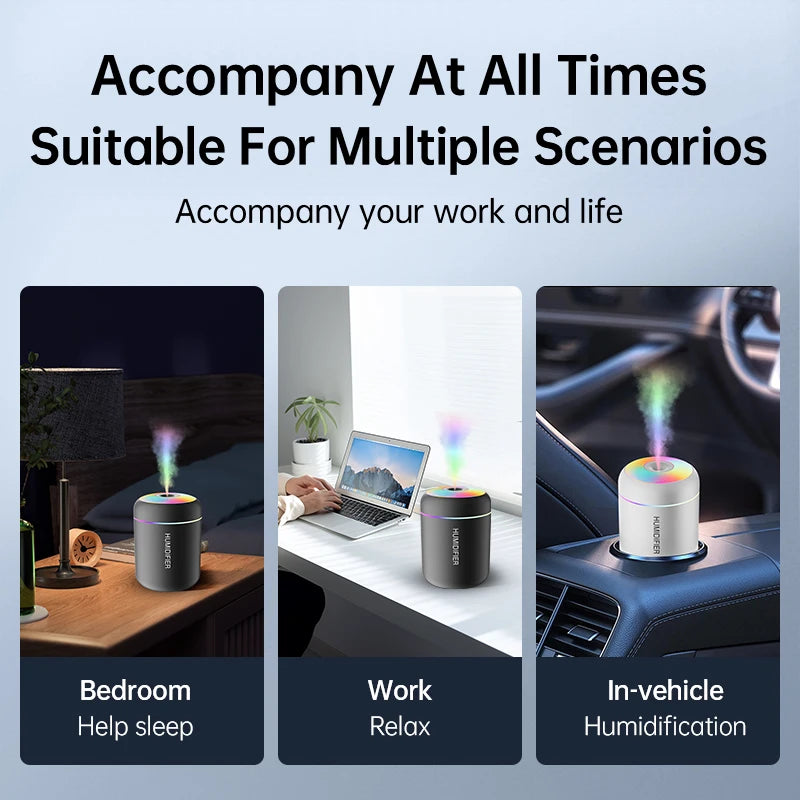 A white electric aroma diffuser is shown in three contexts: bedroom, office desk, and car interior.
