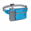A blue and gray waterproof invisible waist pack for runners and travelers with a water bottle holder.