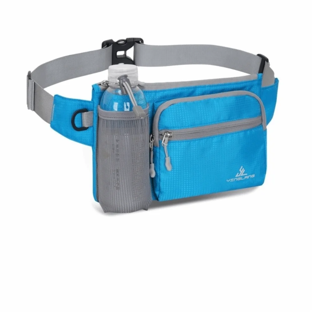 A blue and gray waterproof invisible waist pack for runners and travelers with a water bottle holder.