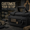 Black MOLLE webbing and hook & loop front panel tool bag with various tools visible.