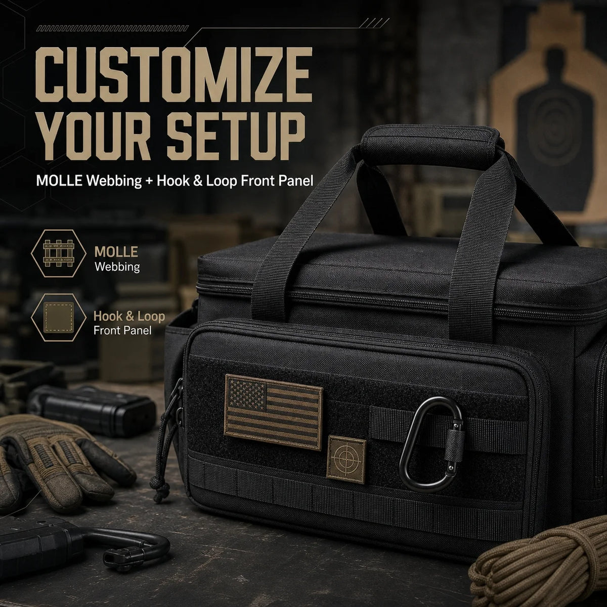 Black MOLLE webbing and hook & loop front panel tool bag with various tools visible.