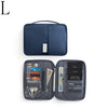 A dark blue multi-pocket waterproof travel document organizer with a black handle.