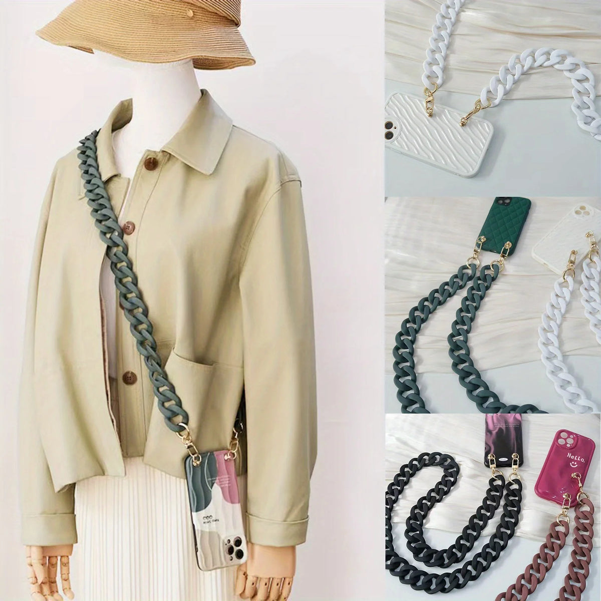 A beige shirt with a green chain shoulder strap attached to a white dress, next to various acrylic chunky chain straps.