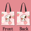 A pink canvas tote bag featuring a cartoon illustration of a white dog holding a strawberry on the front and back.
