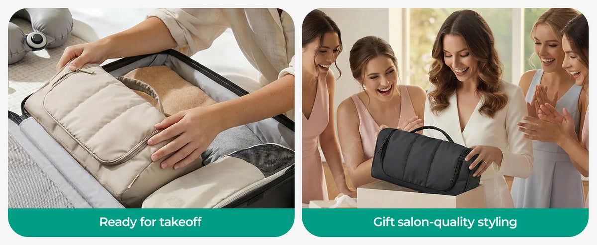 Una mujer usa una versátil bolsa de viaje para organizar herramientas de peinado con un gancho colgante para regalos.