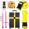 A set of adjustable luggage straps includes a strap, a box, and a yellow strap, alongside a black suitcase.