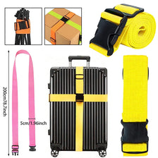 A set of adjustable luggage straps includes a strap, a box, and a yellow strap, alongside a black suitcase.
