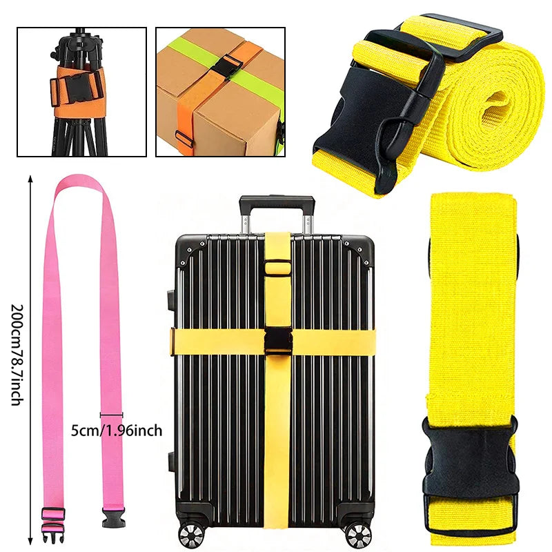 A set of adjustable luggage straps includes a strap, a box, and a yellow strap, alongside a black suitcase.
