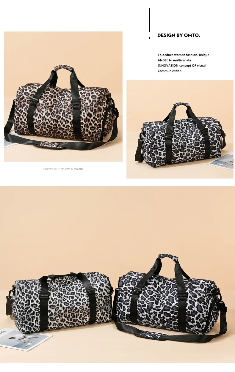 Maleta de viaje tipo duffel con estampado de leopardo en negro y marrón, con asas y compartimento para zapatos.