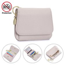 Portefeuille fin à tri-pli en cuir véritable beige clair avec poche zippée, montré sous différents angles.