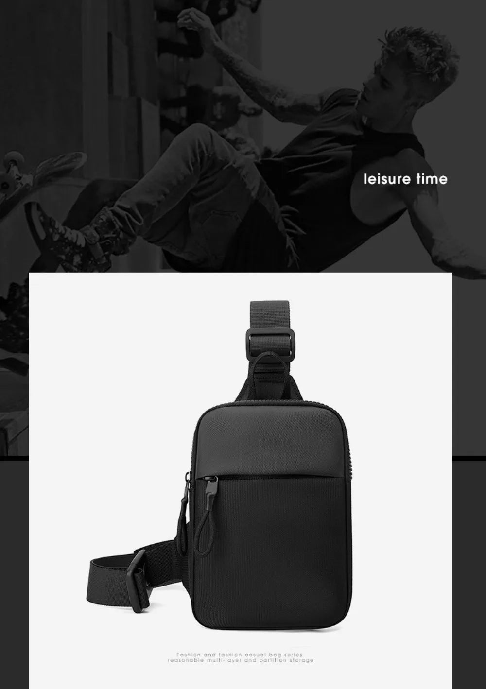 Black Oxford chest bag for men with a strap and pocket detail.